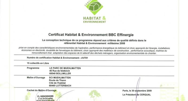 FL Résidences premier certifié français "Habitat & Environnement" BBC Effinergie" en collectif privé
